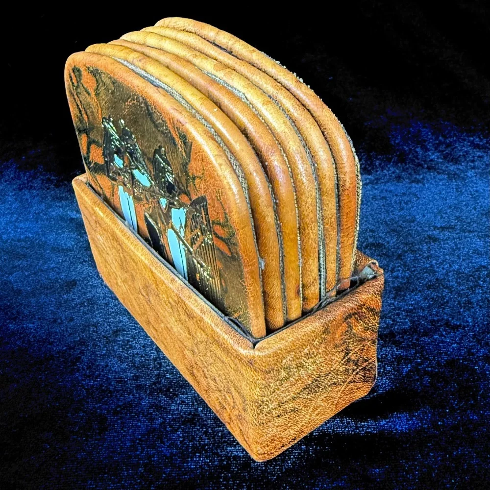 Vintage 6 Egyptian Goddess Leather Coasters in Holder Princess Pharaohs Wife